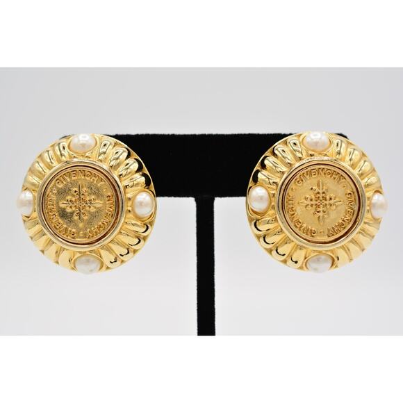Givenchy Vintage Coin Clip On Earrings Logo Gold Chunky Pearl Signed 1980s BinAG - Picture 1 of 12